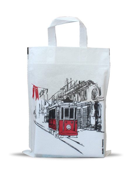 30x35 Tramvay Desenli Saplı Bez Çanta