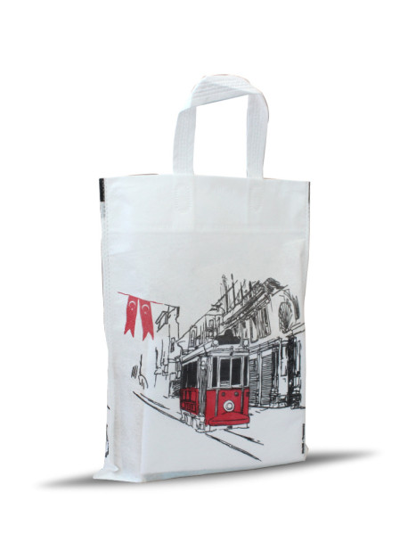 30x35 Tramvay Desenli Saplı Bez Çanta