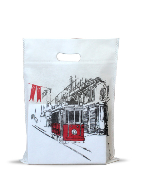 30X35 Tramvay Desenli Elgeçme Bez Çanta