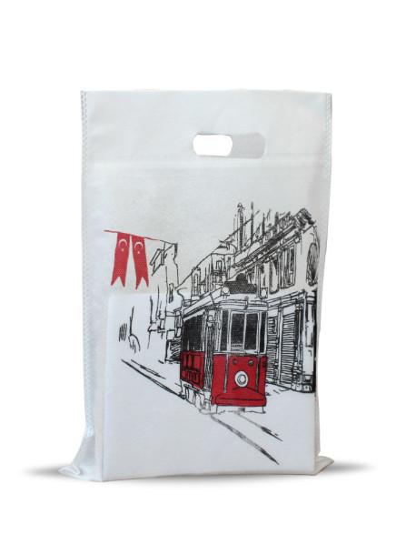30X35 Tramvay Desenli Elgeçme Bez Çanta